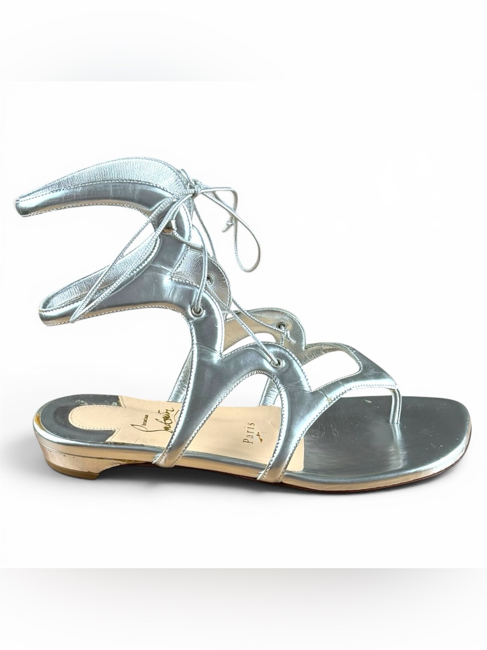 Christian Louboutin Silver Metallic Lace-Up Flat Sandals – Size 37